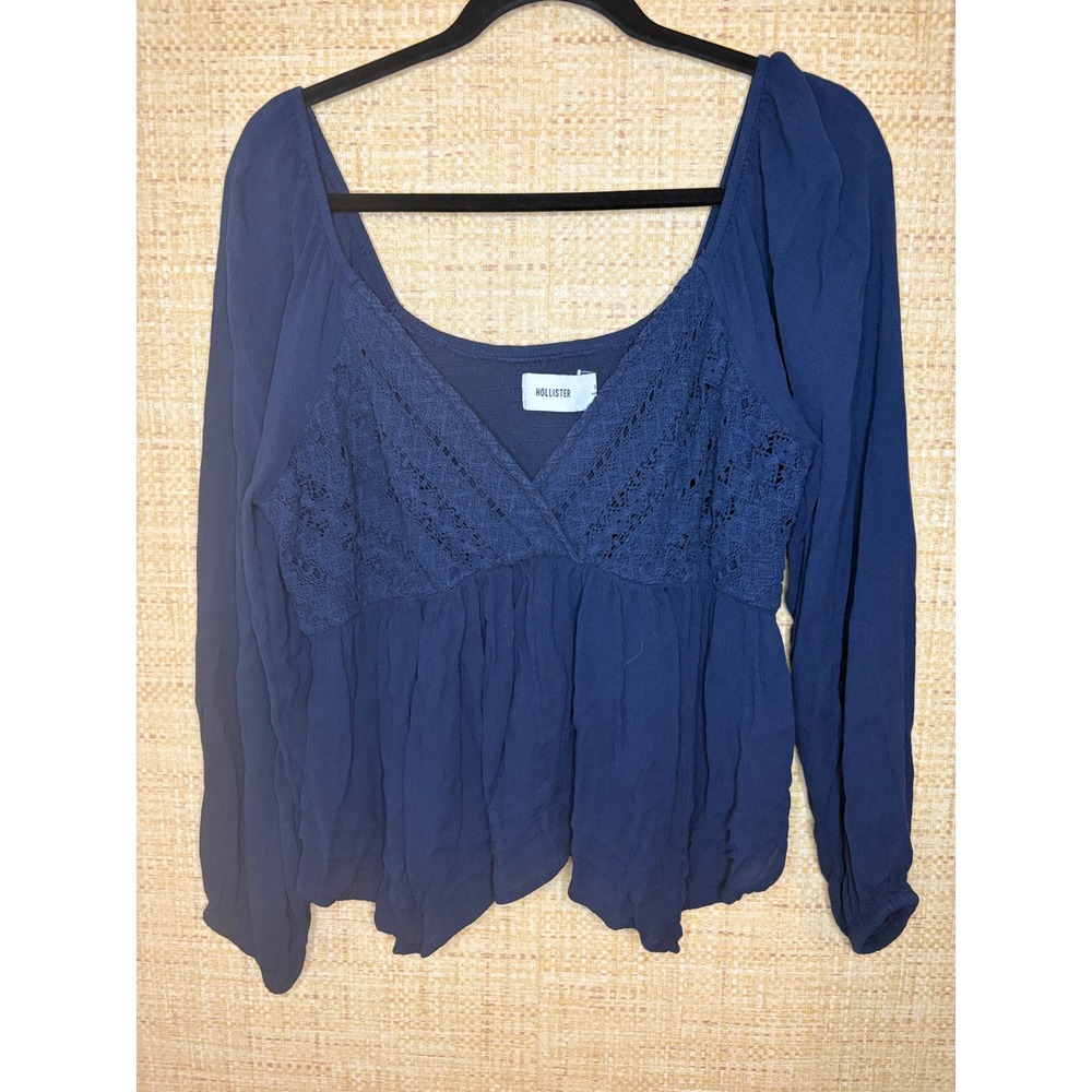Hollister Navy Blue Lace Trim Peplum Blouse Long Sleeve Boho Surplice Top Small